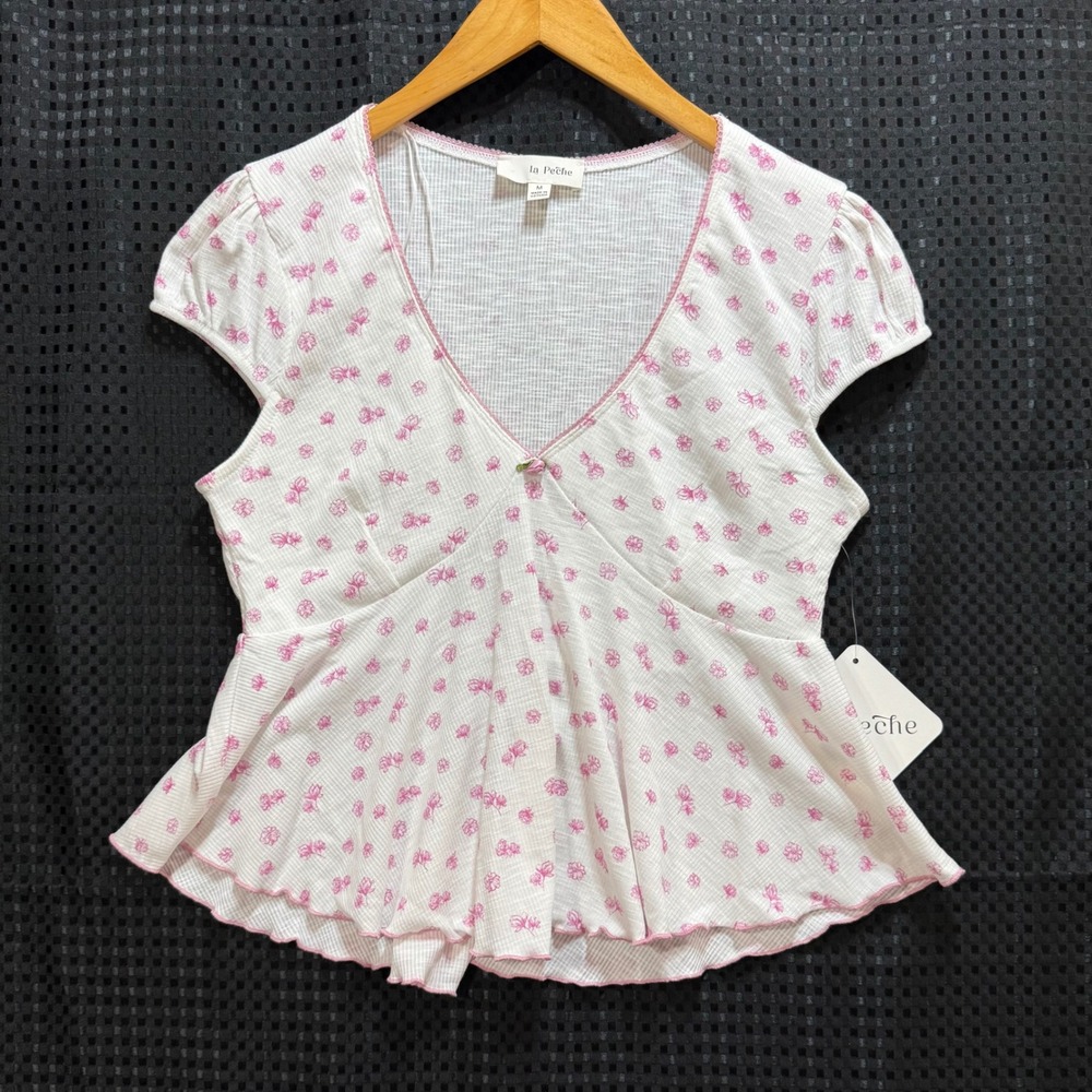 La Peche Peplum Top Women Size M White Pink Floral Coquette Ribbed Cap‎ Sleeve